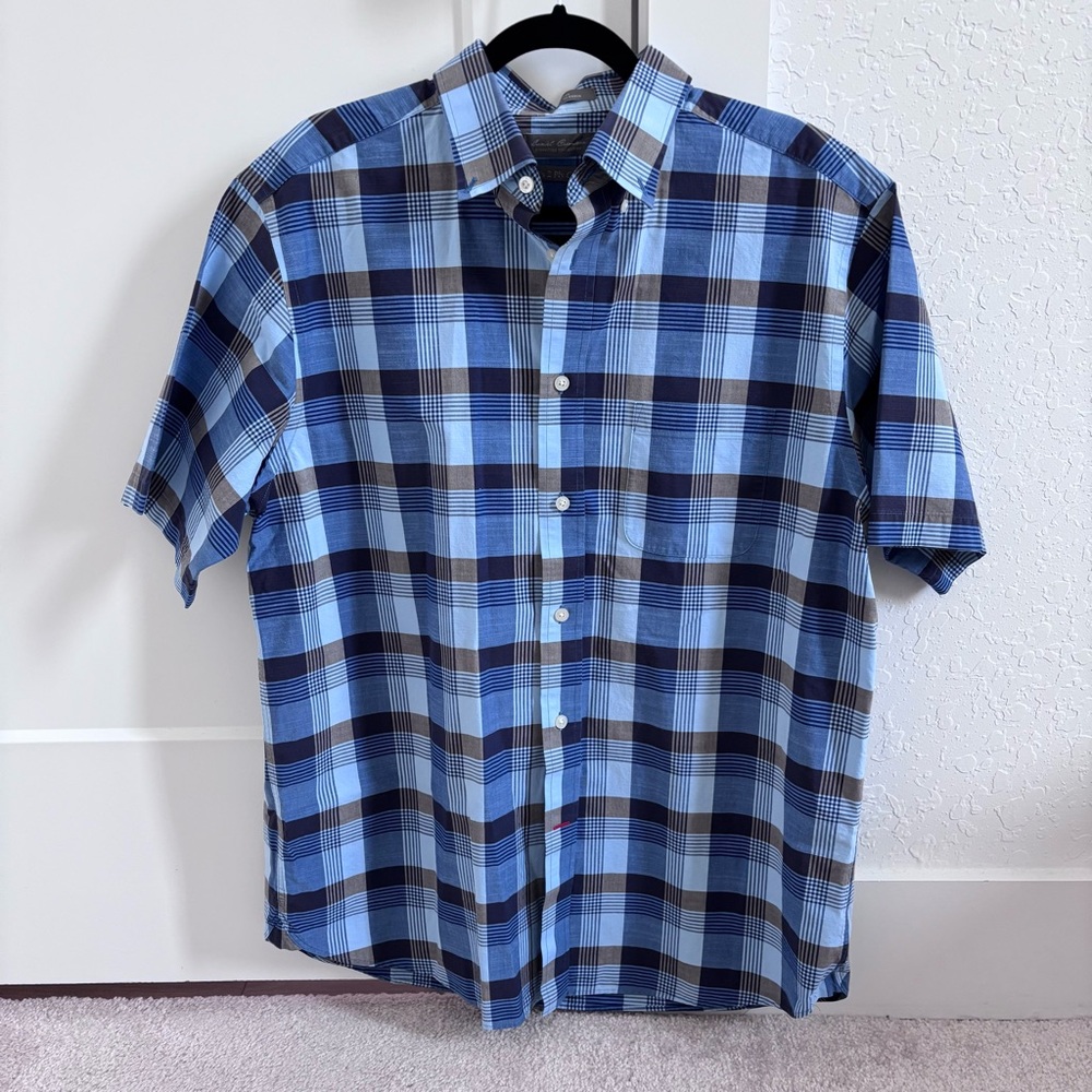 Daniel Cremieux Blue Cotton Plaid Short Sleeve Buttondown Shirt